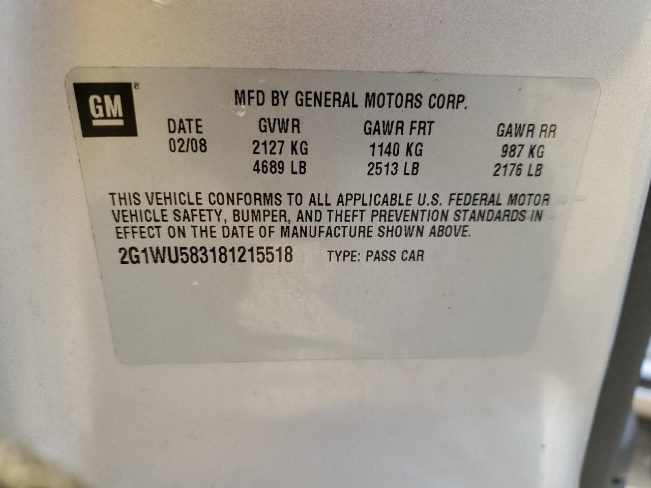 2008 Chevrolet Impala VIN 2G1WU583181215518 Copart auction photo, side / rear end damage thumbnail 12