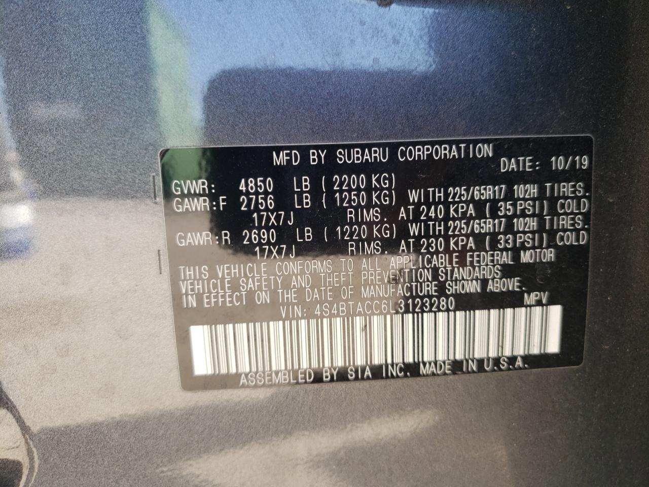 2020 Subaru Outback VIN 4S4BTACC6L3123280 Copart auction photo, front end damage thumbnail 14