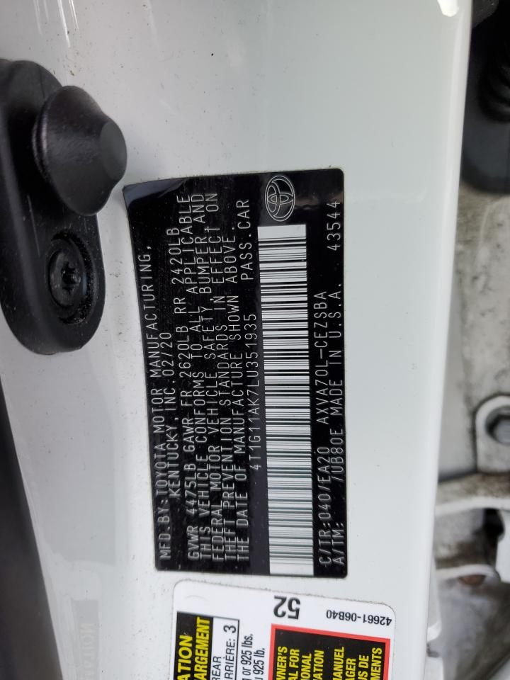 2020 Toyota Camry VIN 4T1G11AK7LU351935 Copart auction photo, front end / side damage thumbnail 12