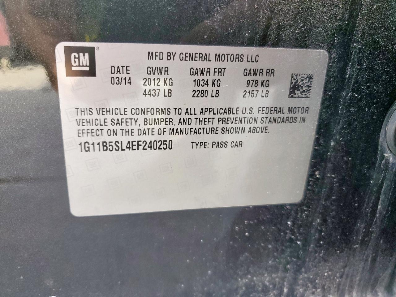 2014 Chevrolet Malibu VIN 1G11B5SL4EF240250 Copart auction photo, water/flood / all over damage thumbnail 12