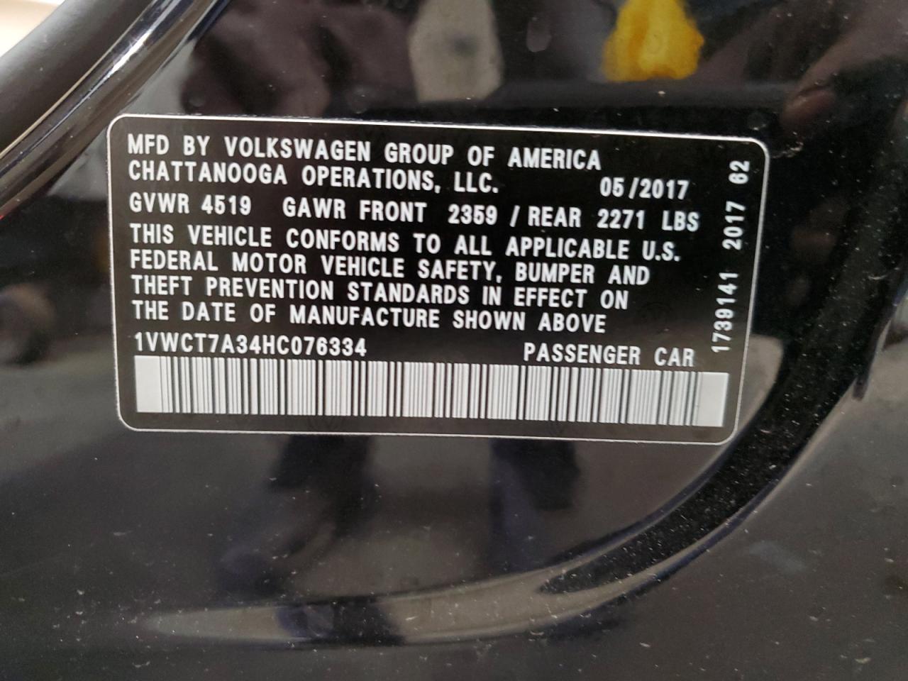 2017 Volkswagen Passat VIN 1VWCT7A34HC076334 Copart auction photo, rear end / side damage thumbnail 14