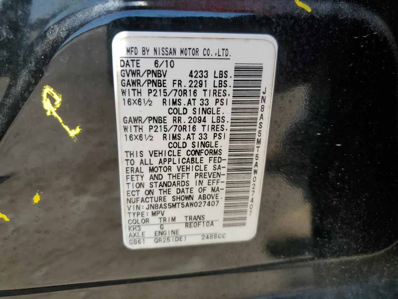 2010 Nissan Rogue VIN JN8AS5MT5AW027407 Copart auction photo, side / front end damage thumbnail 13