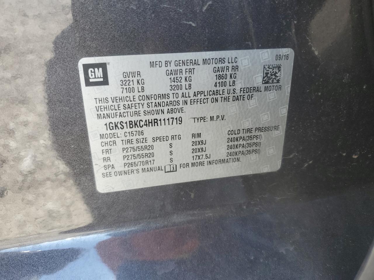 2017 GMC Yukon VIN 1GKS1BKC4HR111719 Copart auction photo, front end damage thumbnail 13