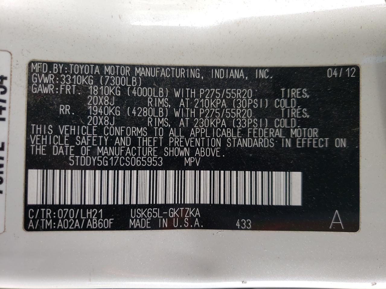 2012 Toyota Sequoia VIN 5TDDY5G17CS065953 Copart auction photo, front end / side damage thumbnail 15