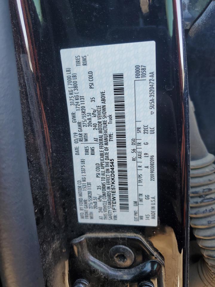 2019 Ford F-150 VIN 1FTEW1E57KKD04545 Copart auction photo, hail / side damage thumbnail 12