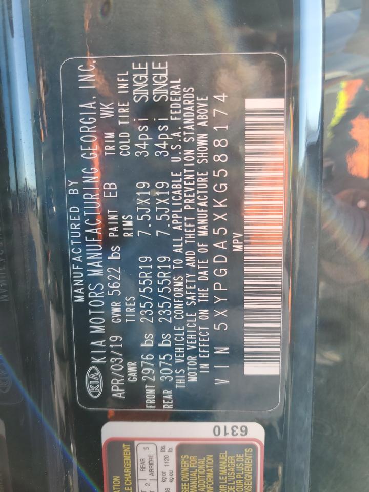 2019 KIA Sorento VIN 5XYPGDA5XKG588174 Copart auction photo, all over damage thumbnail 14