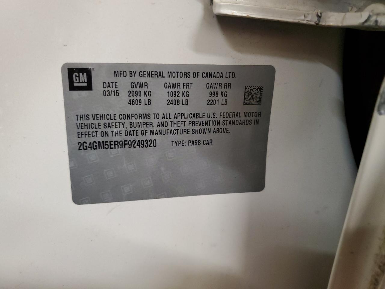 2015 Buick Regal VIN 2G4GM5ER9F9249320 Copart auction photo, side / hail damage thumbnail 12