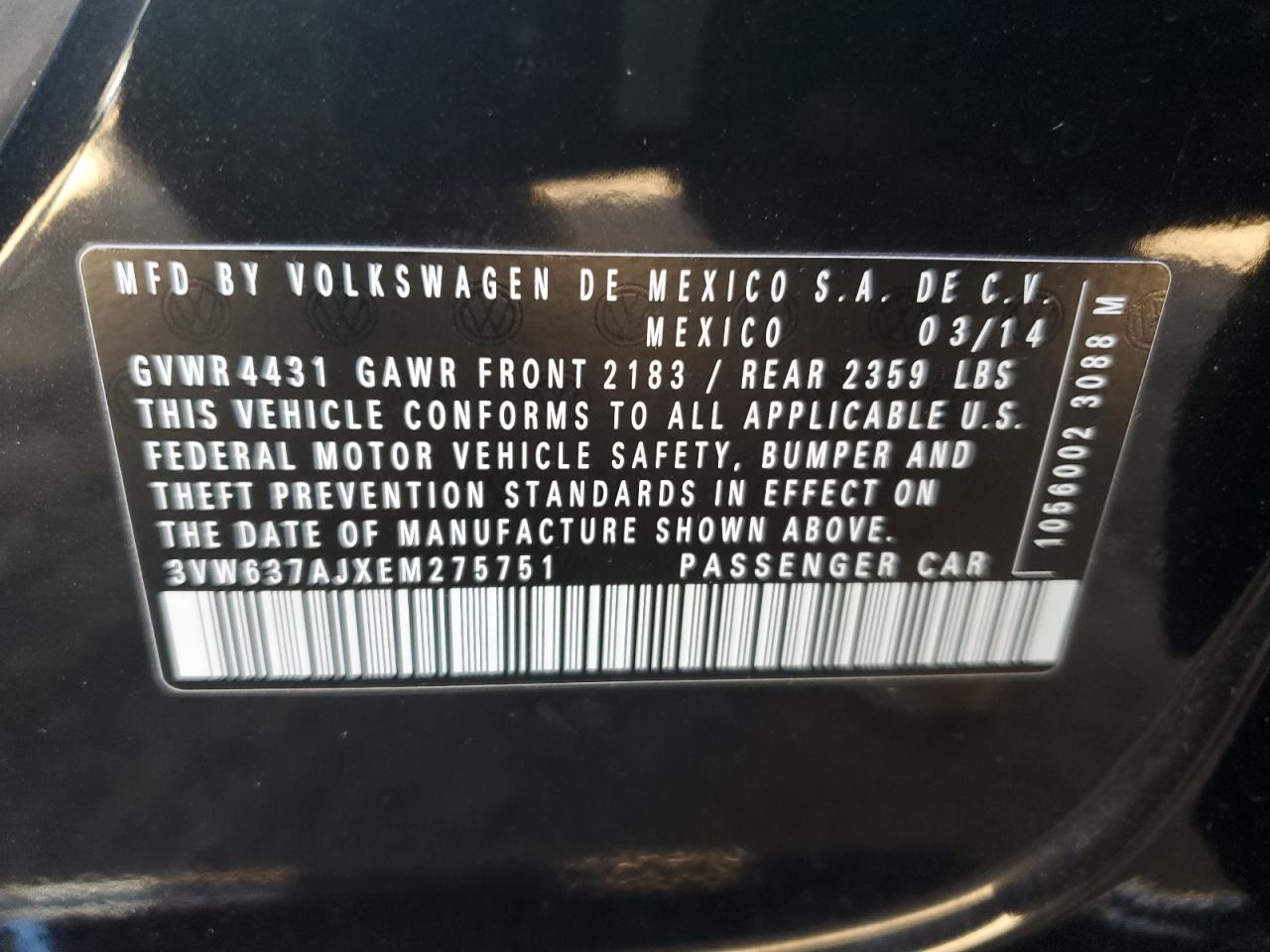 2014 Volkswagen Jetta VIN 3VW637AJXEM275751 Copart auction photo, mechanical damage thumbnail 12