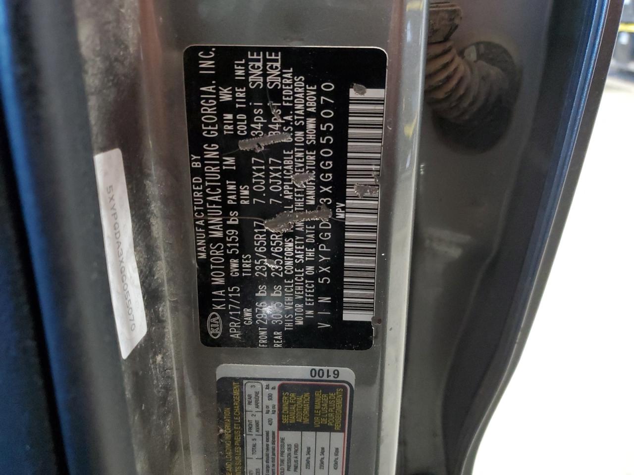 2016 KIA Sorento VIN 5XYPGDA3XGG055070 Copart auction photo, front end damage thumbnail 16