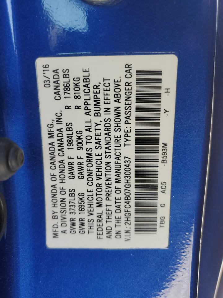 2016 Honda Civic VIN 2HGFC4B07GH300437 Copart auction photo, front end / minor dent/scratches damage thumbnail 12
