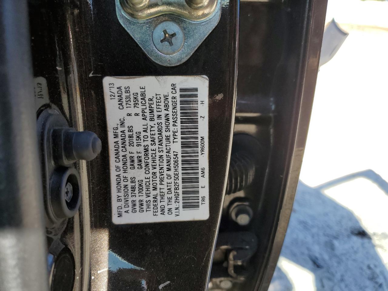 2014 Honda Civic VIN 2HGFB2F50EH506547 Copart auction photo, rear end damage thumbnail 13
