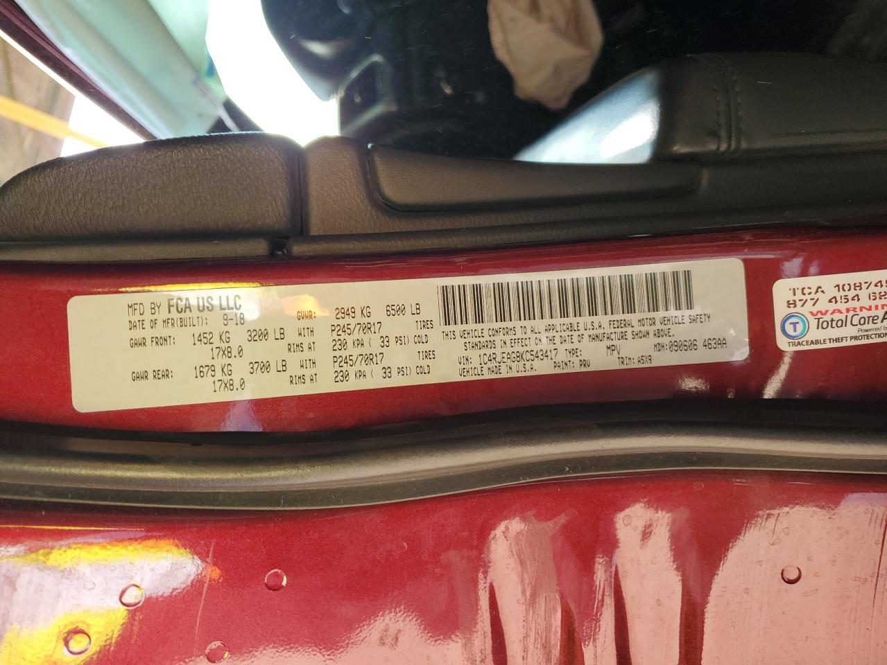 2019 Jeep Grand Cherokee VIN 1C4RJEAG8KC543417 Copart auction photo, front end / rear end damage thumbnail 14