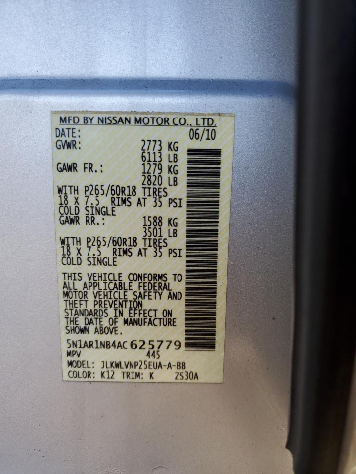 2010 Nissan Pathfinder VIN 5N1AR1NB4AC625779 Copart auction photo, minor dent/scratches damage thumbnail 13