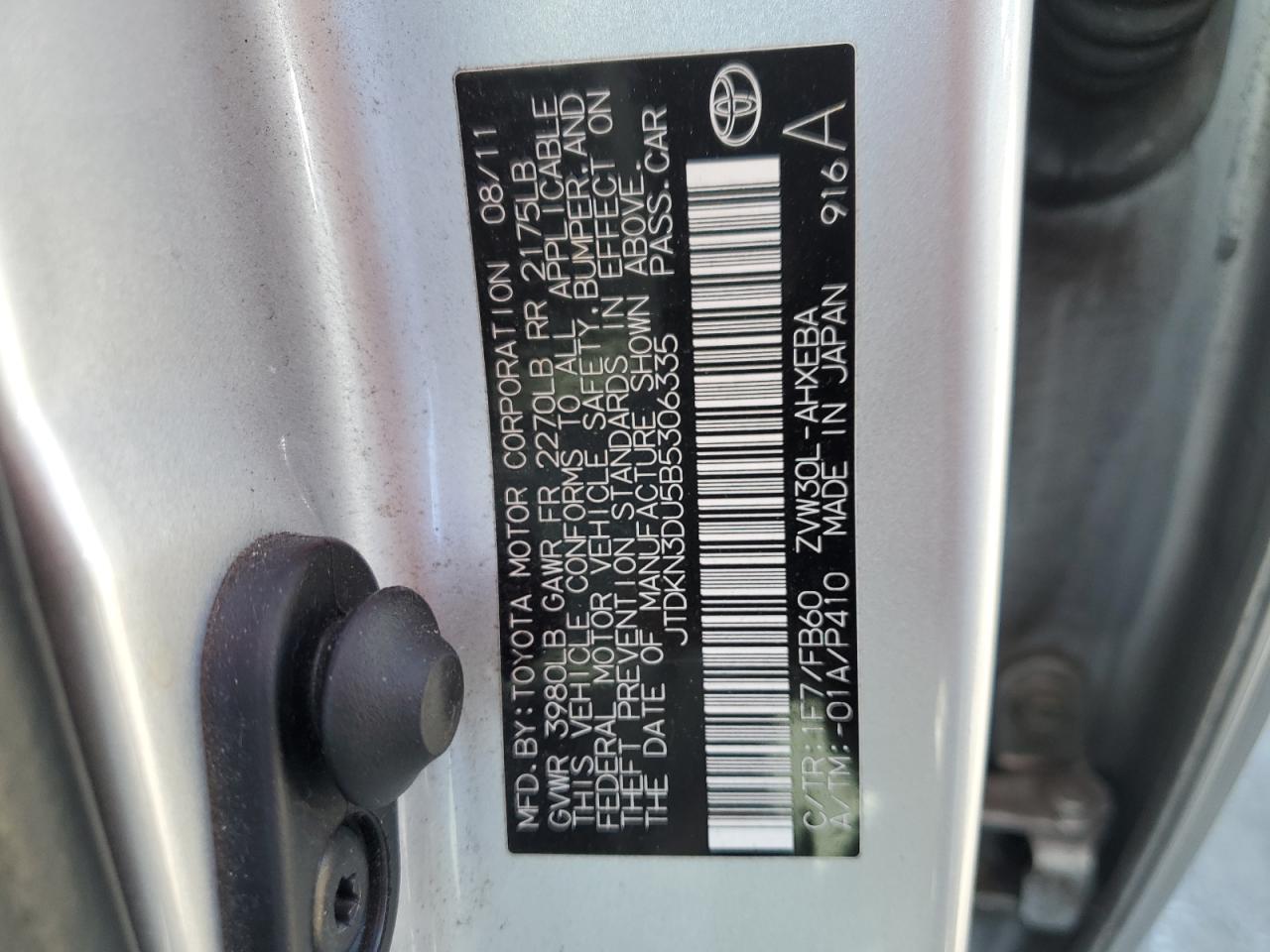 2011 Toyota Prius VIN JTDKN3DU5B5306335 Copart auction photo, side / rear end damage thumbnail 14