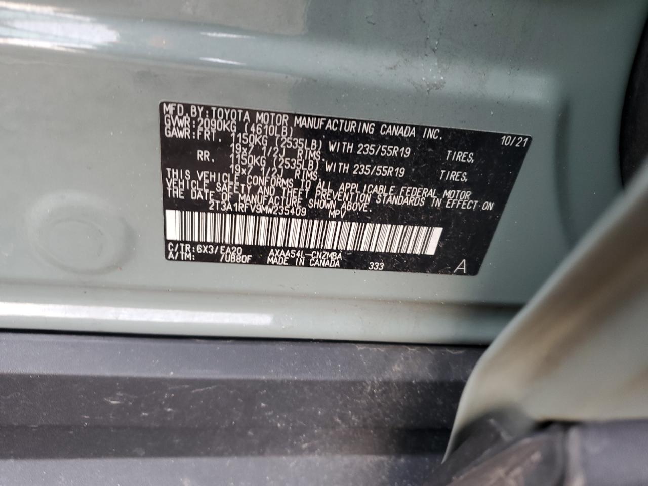 2021 Toyota RAV 4 VIN 2T3A1RFV9MW235409 Copart auction photo, undercarriage / rear end damage thumbnail 13