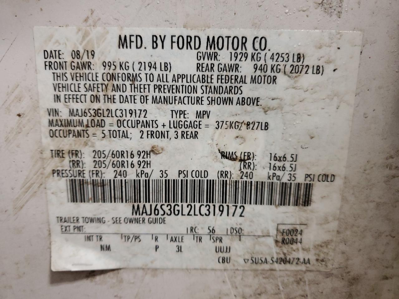 2020 Ford EcoSport VIN MAJ6S3GL2LC319172 Copart auction photo, side damage thumbnail 14