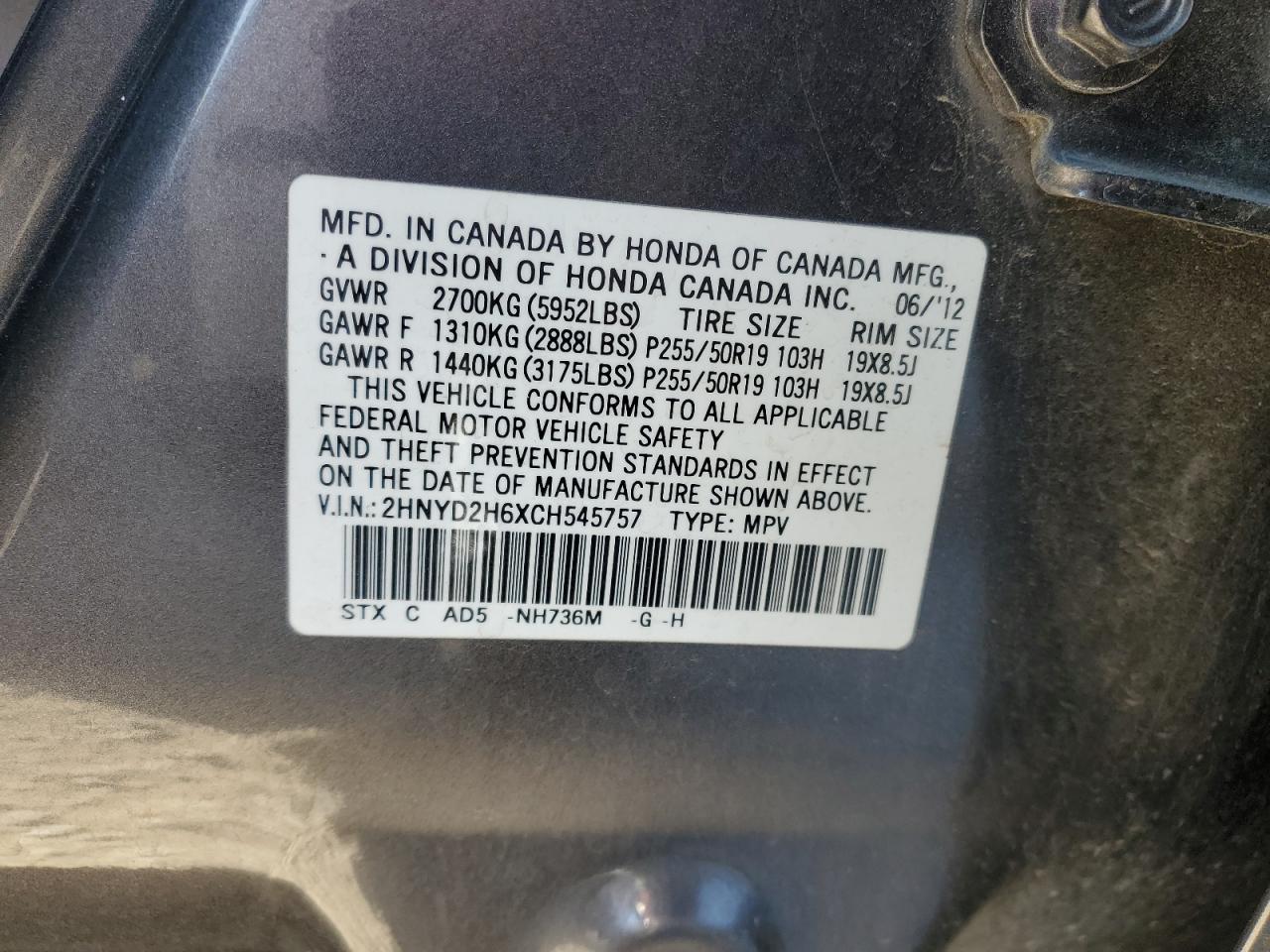 2012 Acura MDX VIN 2HNYD2H6XCH545757 Copart auction photo, all over damage thumbnail 13