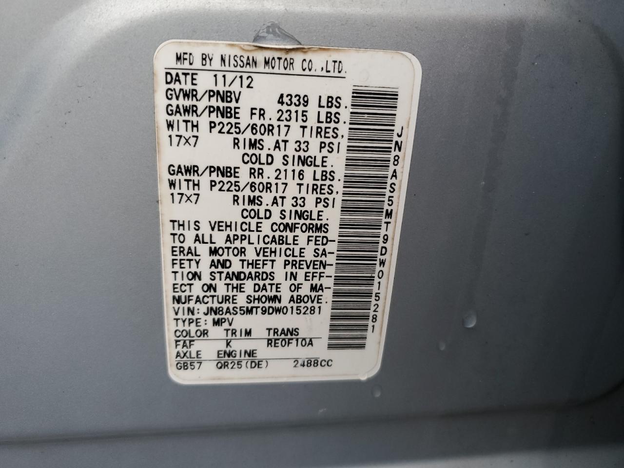 2013 Nissan Rogue VIN JN8AS5MT9DW015281 Copart auction photo, rear end damage thumbnail 16