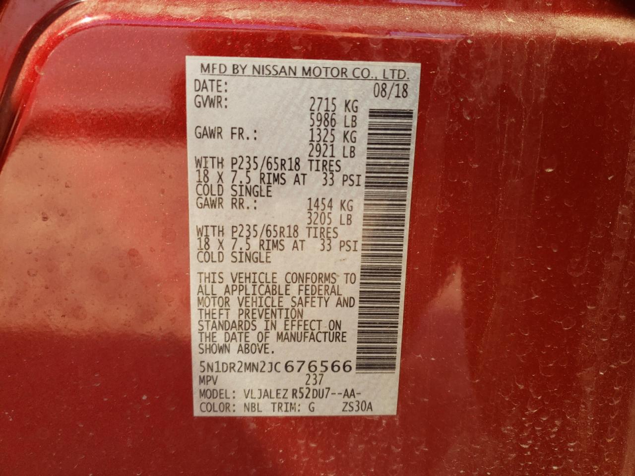 2018 Nissan Pathfinder VIN 5N1DR2MN2JC676566 Copart auction photo, hail / minor dent/scratches damage thumbnail 13