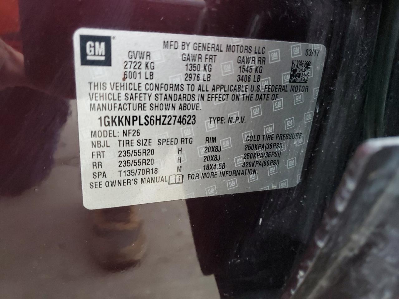 2017 GMC Acadia VIN 1GKKNPLS6HZ274623 Copart auction photo, front end / rear end damage thumbnail 15