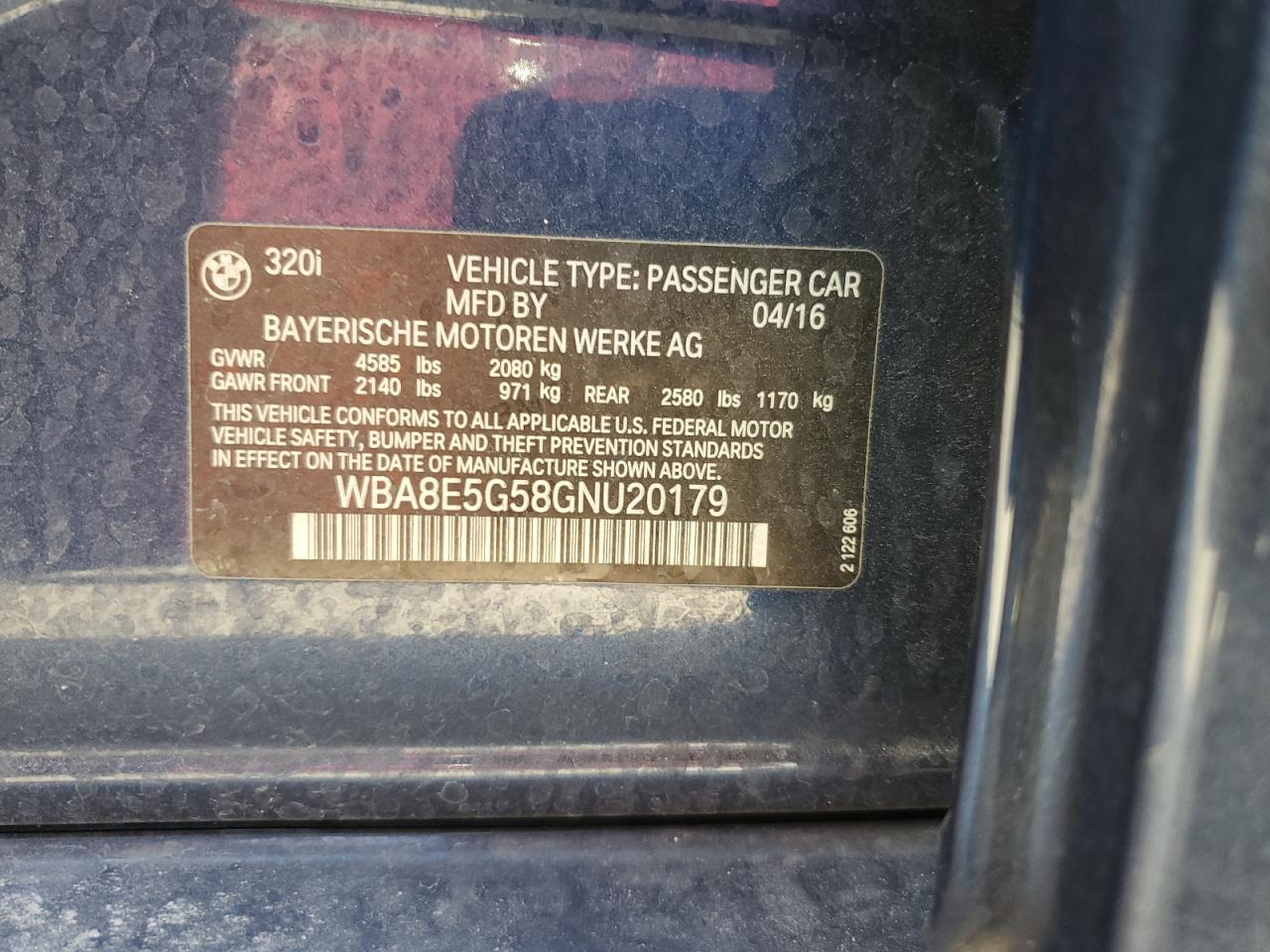 2016 BMW 3er VIN WBA8E5G58GNU20179 Copart auction photo, water/flood damage thumbnail 12