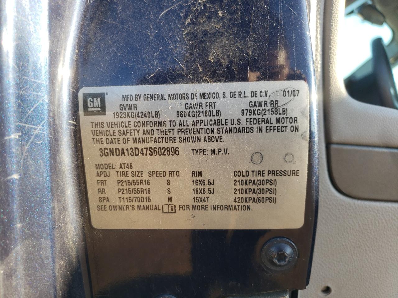 2007 Chevrolet HHR VIN 3GNDA13D47S602896 Copart auction photo, rear end damage thumbnail 14