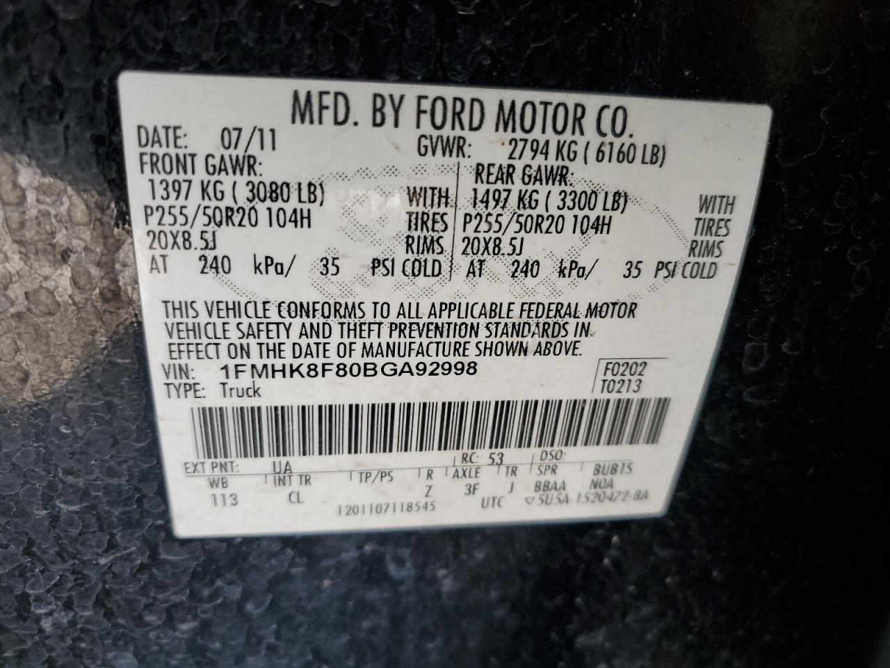 2011 Ford Explorer VIN 1FMHK8F80BGA92998 Copart auction photo, front end / mechanical damage thumbnail 15