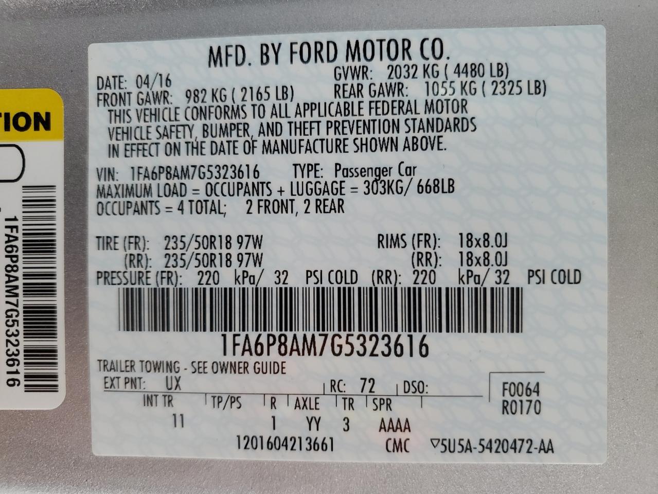 2016 Ford Mustang VIN 1FA6P8AM7G5323616 Copart auction photo, rear end damage thumbnail 13