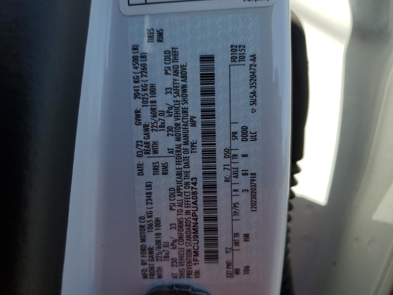 2023 Ford Escape VIN 1FMCU9MN4PUA08743 Copart auction photo, front end / minor dent/scratches damage thumbnail 15