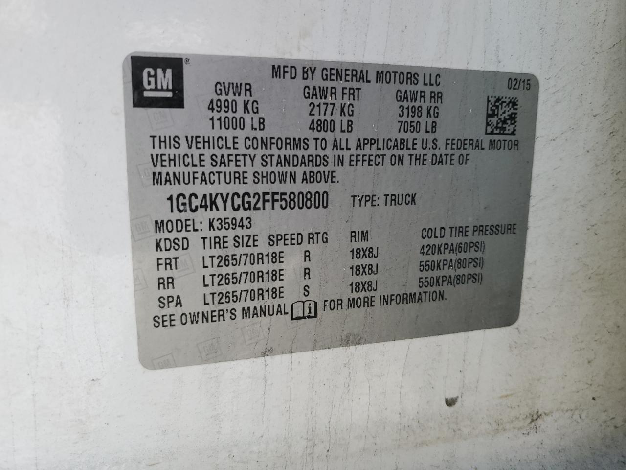 2015 Chevrolet Silverado VIN 1GC4KYCG2FF580800 Copart auction photo, front end / rear end damage thumbnail 15