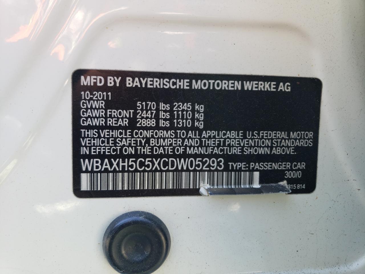 2012 BMW 5er VIN WBAXH5C5XCDW05293 Copart auction photo, front end / side damage thumbnail 12