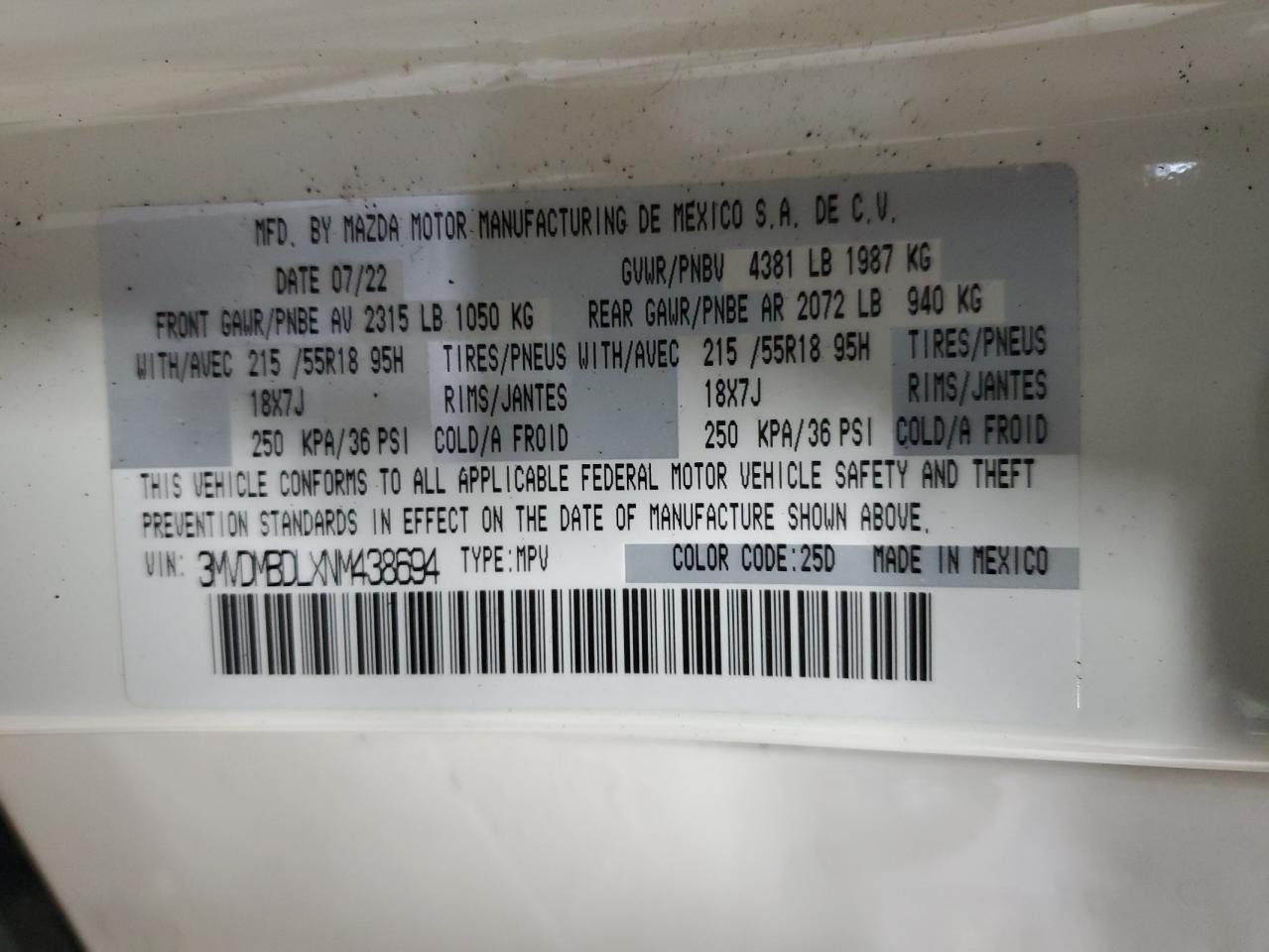 2022 Mazda CX-30 VIN 3MVDMBDLXNM438694 Copart auction photo, front end damage thumbnail 16