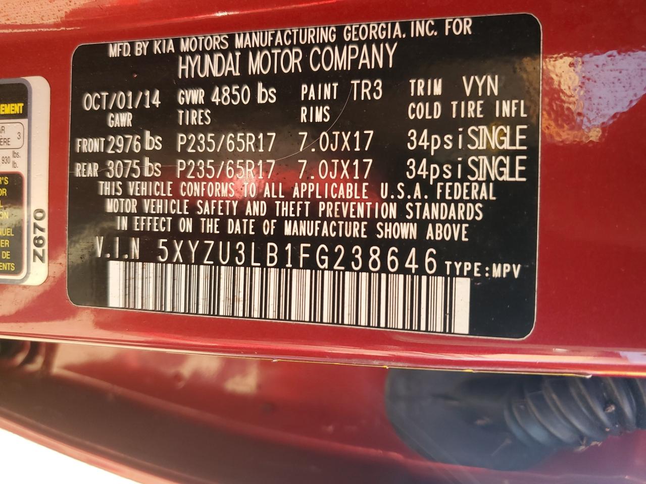 2015 Hyundai Santa Fe VIN 5XYZU3LB1FG238646 Copart auction photo, water/flood damage thumbnail 13