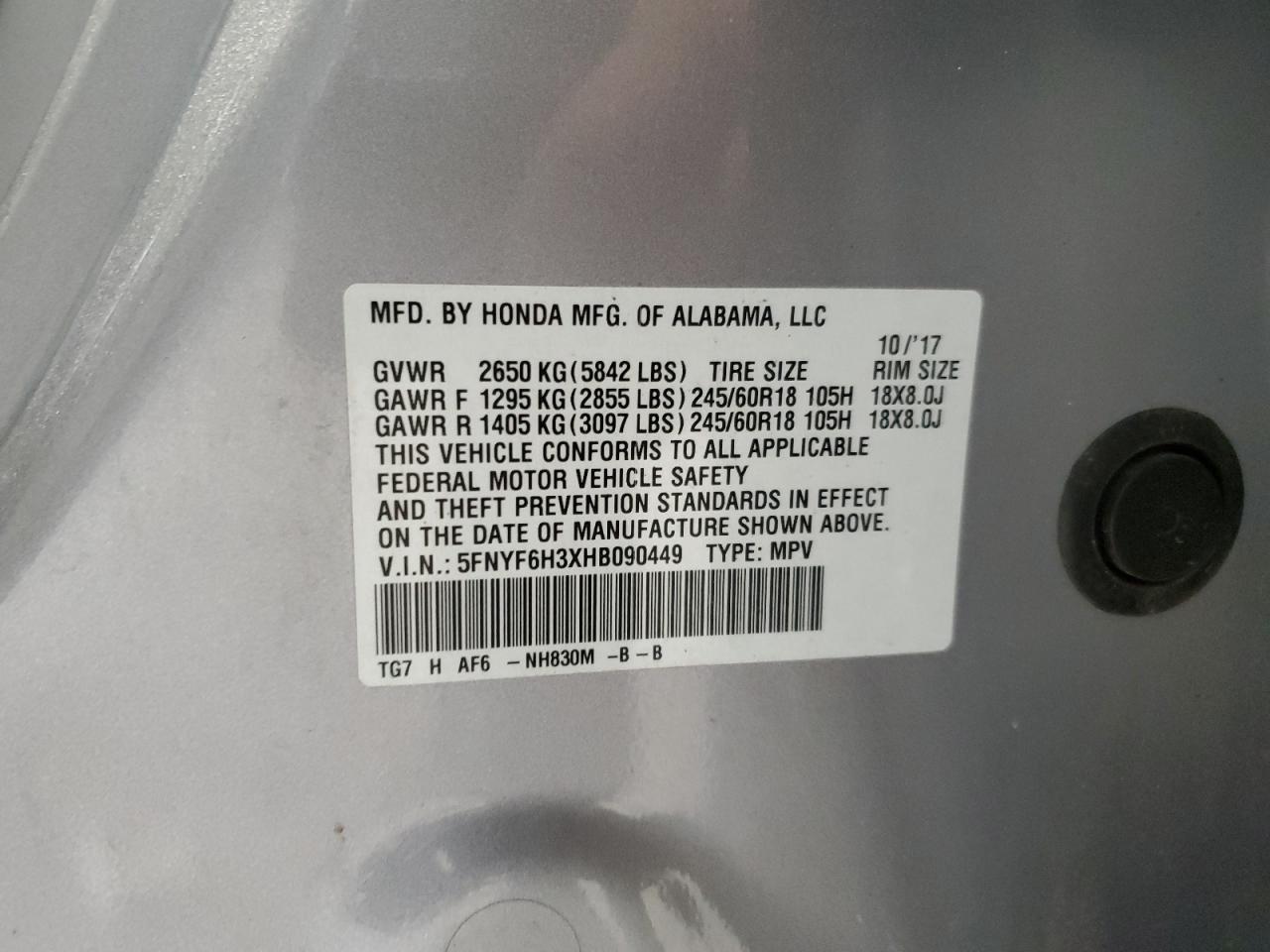 2017 Honda Pilot VIN 5FNYF6H3XHB090449 Copart auction photo, rejected repair damage thumbnail 14