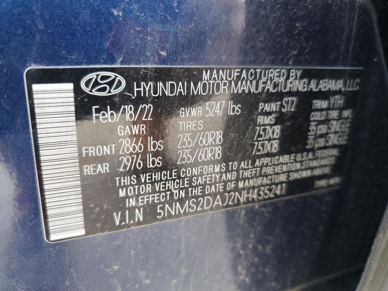 2022 Hyundai Santa Fe VIN 5NMS2DAJ2NH435241 Copart auction photo, rear end / side damage thumbnail 14