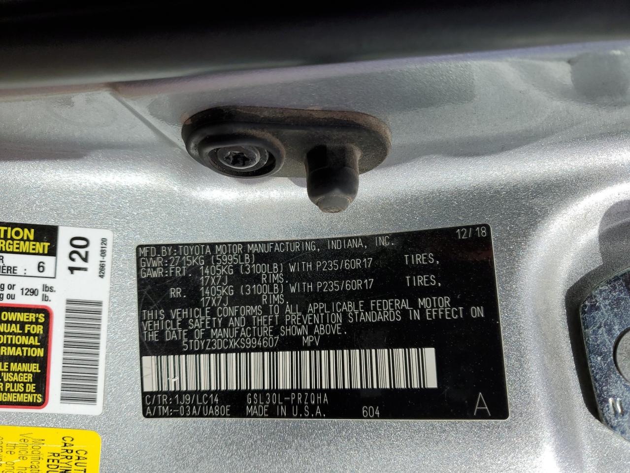 2019 Toyota Sienna VIN 5TDYZ3DCXKS994607 Copart auction photo, rear end / side damage thumbnail 13