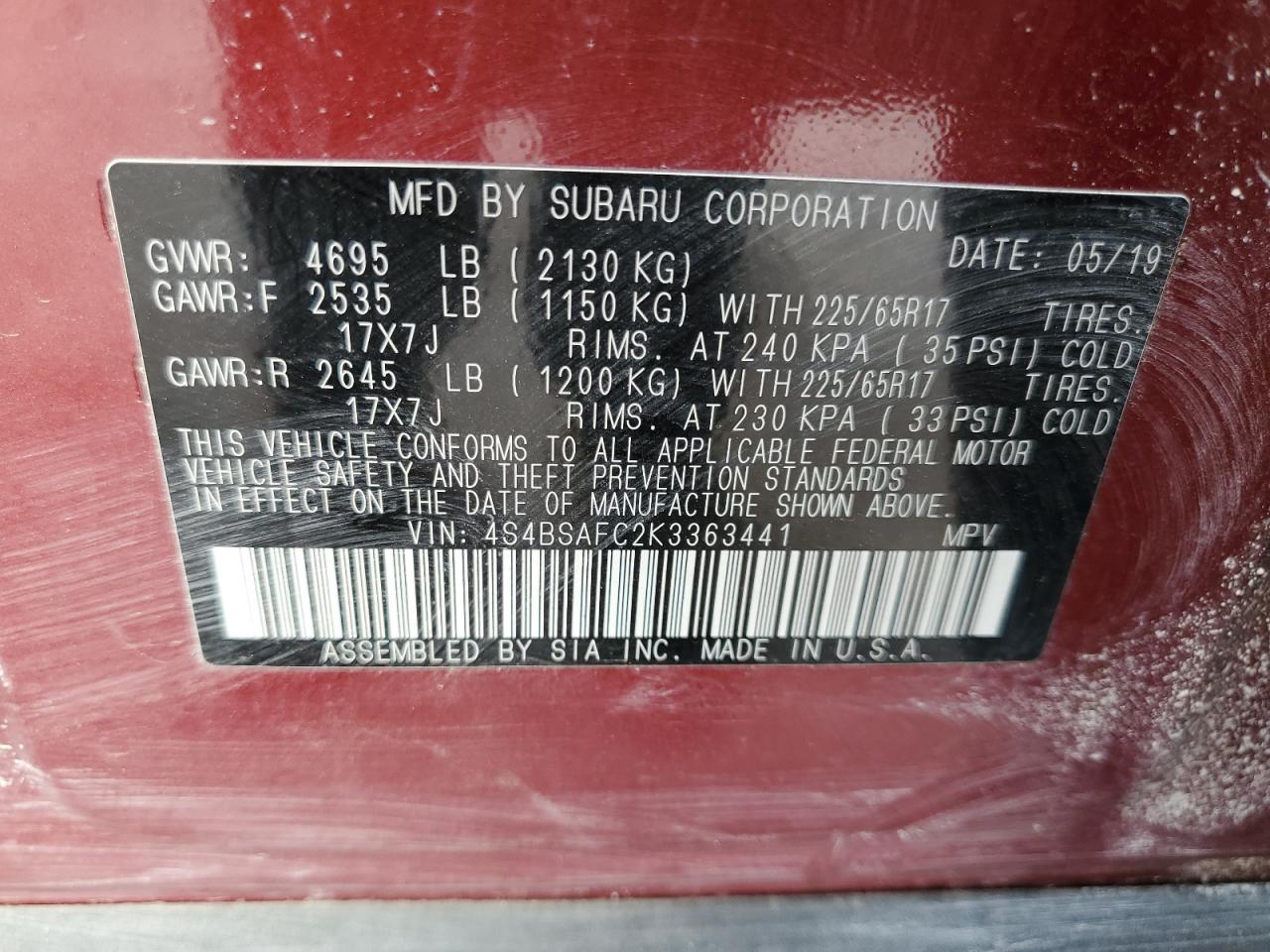 2019 Subaru Outback VIN 4S4BSAFC2K3363441 Copart auction photo, front end / mechanical damage thumbnail 15