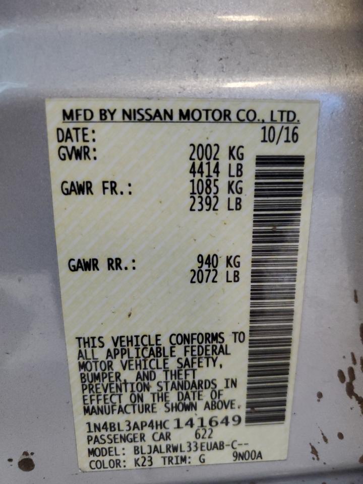 2017 Nissan Altima VIN 1N4BL3AP4HC141649 Copart auction photo, side / front end damage thumbnail 12