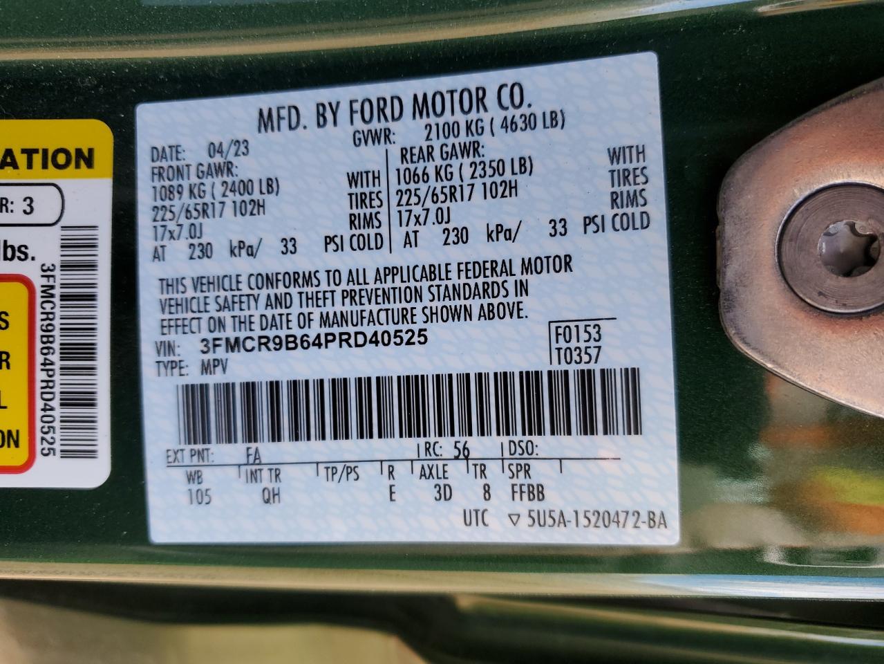 2023 Ford Bronco VIN 3FMCR9B64PRD40525 Copart auction photo, rear end damage thumbnail 14