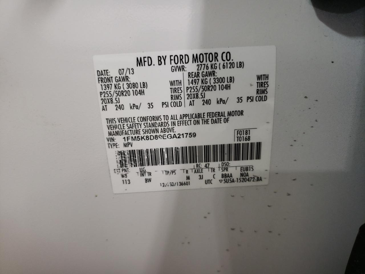 2014 Ford Explorer VIN 1FM5K8D89EGA21759 Copart auction photo, front end damage thumbnail 13