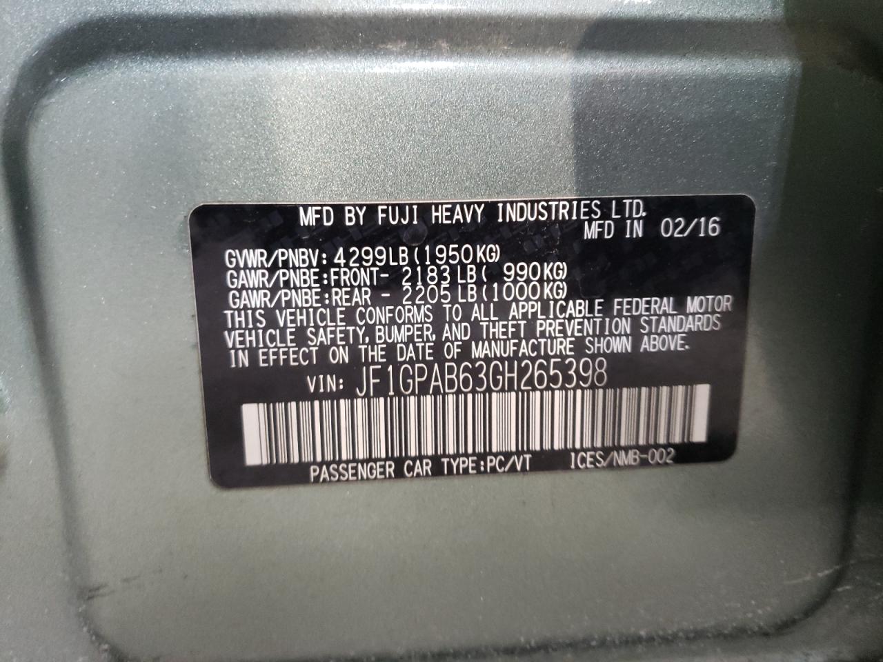 2016 Subaru Impreza VIN JF1GPAB63GH265398 Copart auction photo, front end damage thumbnail 16