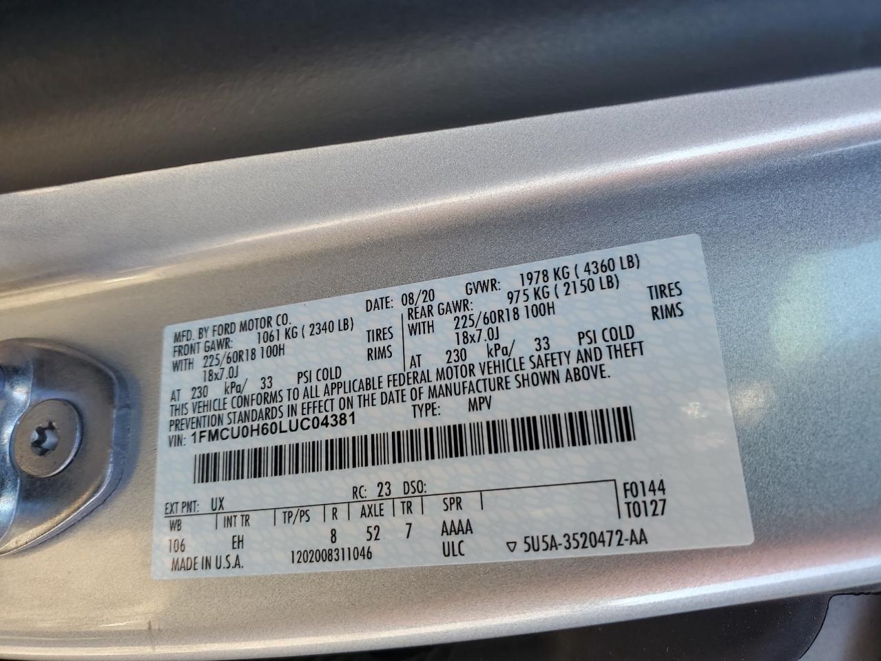 2020 Ford Escape VIN 1FMCU0H60LUC04381 Copart auction photo, all over damage thumbnail 15