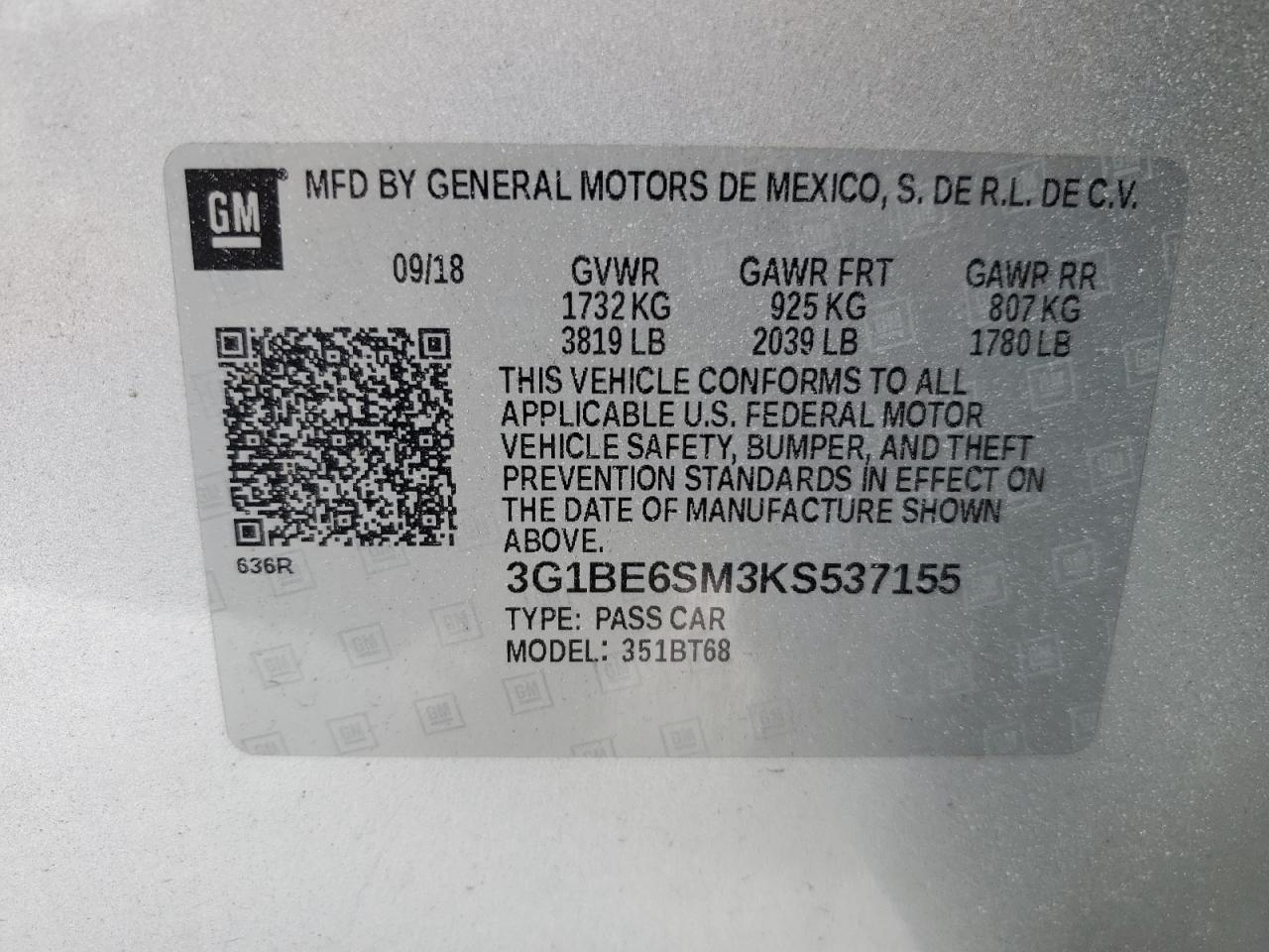 2019 Chevrolet Cruze VIN 3G1BE6SM3KS537155 Copart auction photo, side damage thumbnail 14