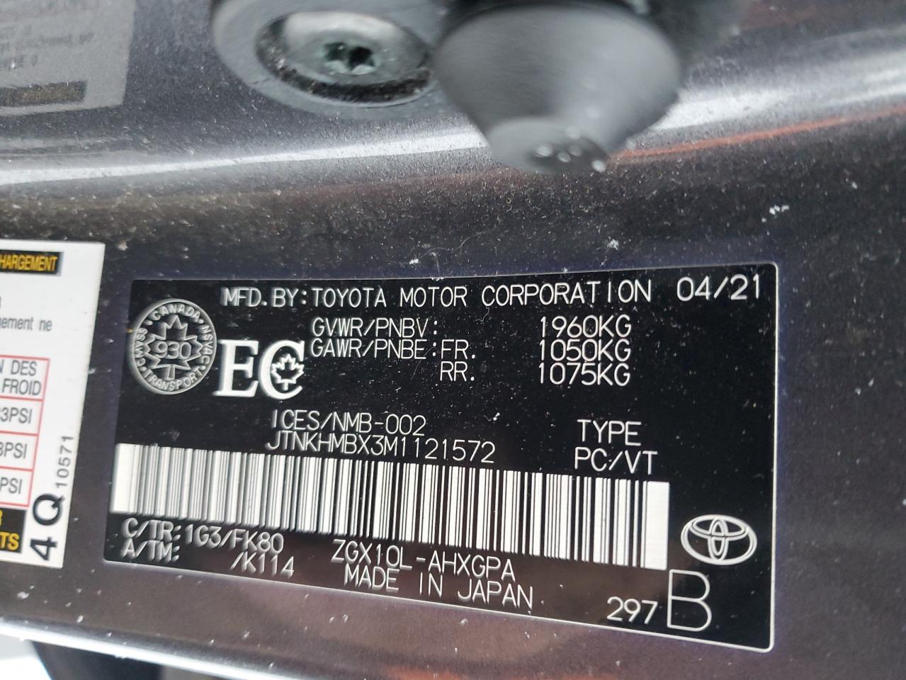 2021 Toyota C-HR VIN JTNKHMBX3M1121572 Copart auction photo, front end damage thumbnail 12
