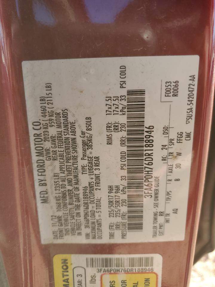 2013 Ford Fusion VIN 3FA6P0H76DR188946 Copart auction photo, rear end damage thumbnail 13