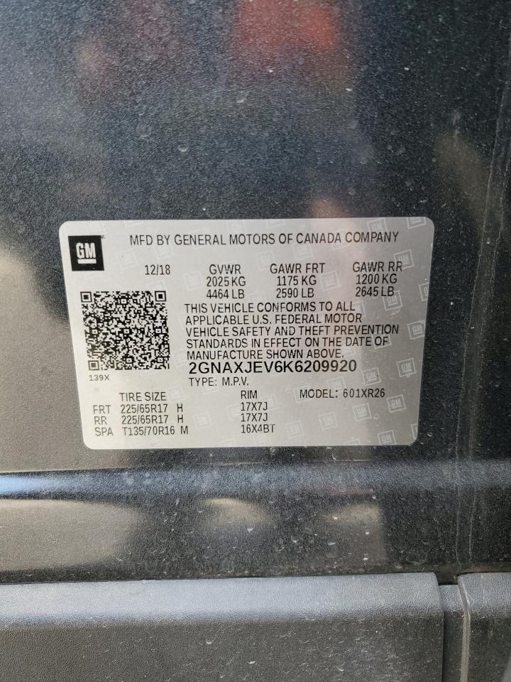 2019 Chevrolet Equinox VIN 2GNAXJEV6K6209920 Copart auction photo, front end / all over damage thumbnail 13