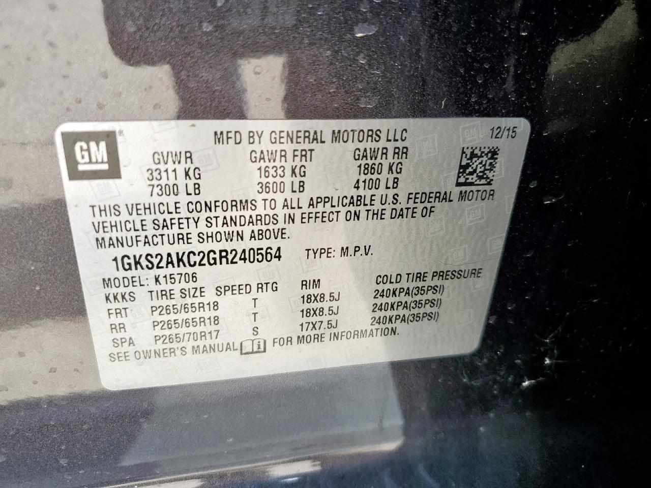 2016 GMC Yukon VIN 1GKS2AKC2GR240564 Copart auction photo, front end damage thumbnail 13