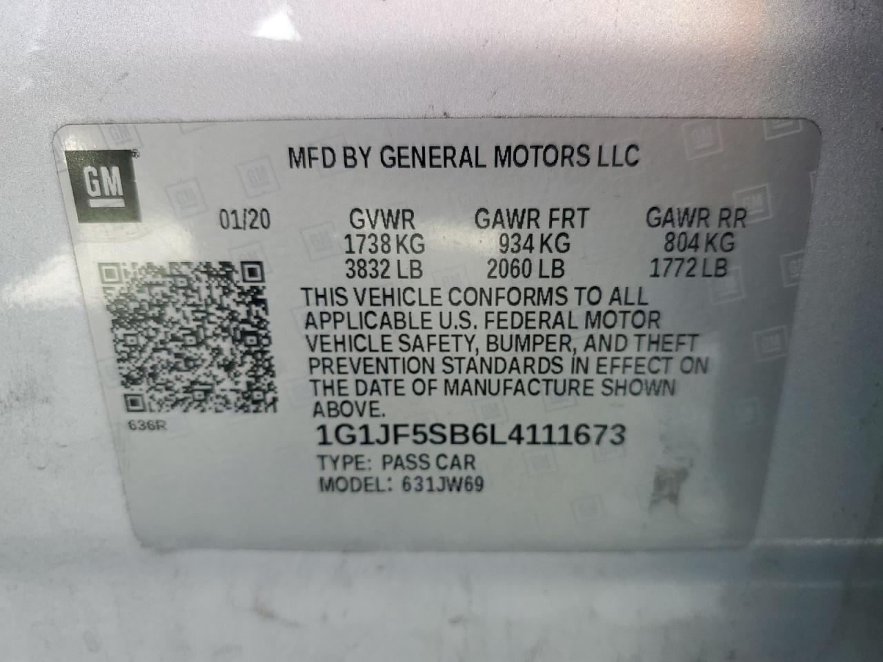 2020 Chevrolet Sonic VIN 1G1JF5SB6L4111673 Copart auction photo, mechanical damage thumbnail 12