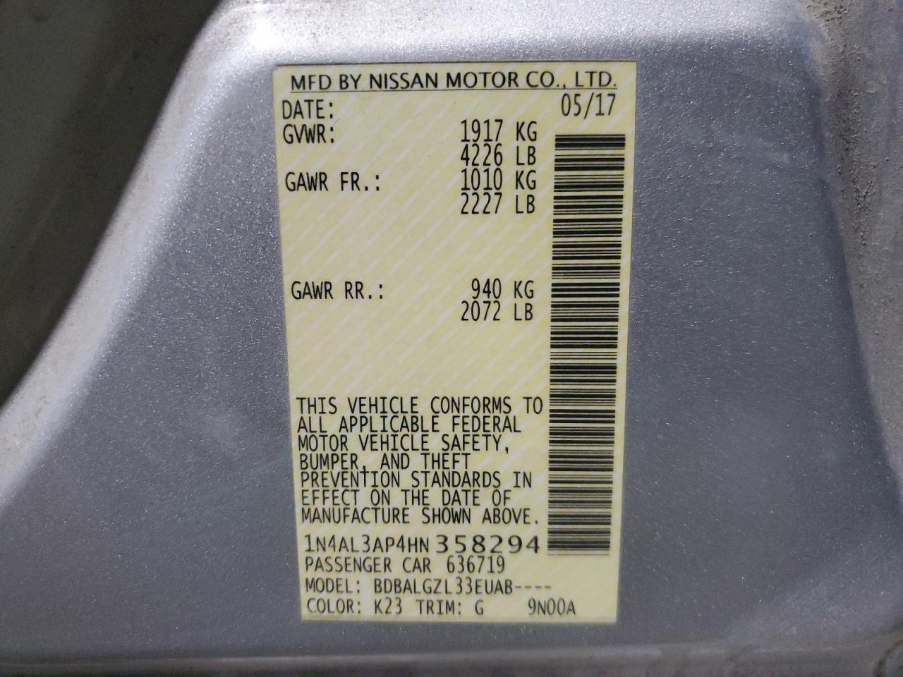 2017 Nissan Altima VIN 1N4AL3AP4HN358294 Copart auction photo, front end / mechanical damage thumbnail 12