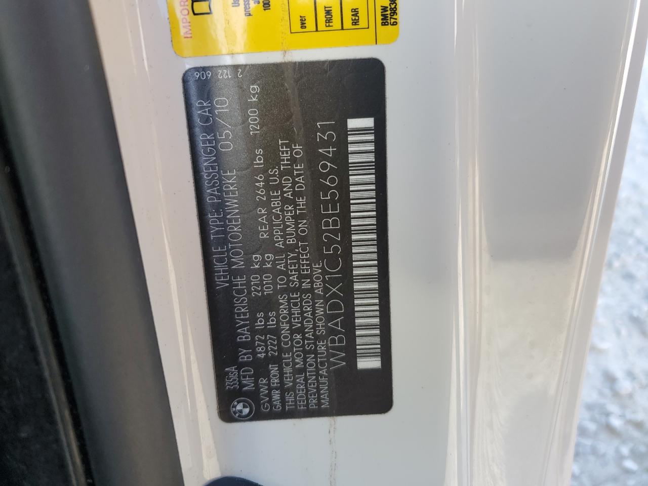 2011 BMW 3er VIN WBADX1C52BE569431 Copart auction photo, water/flood damage thumbnail 10